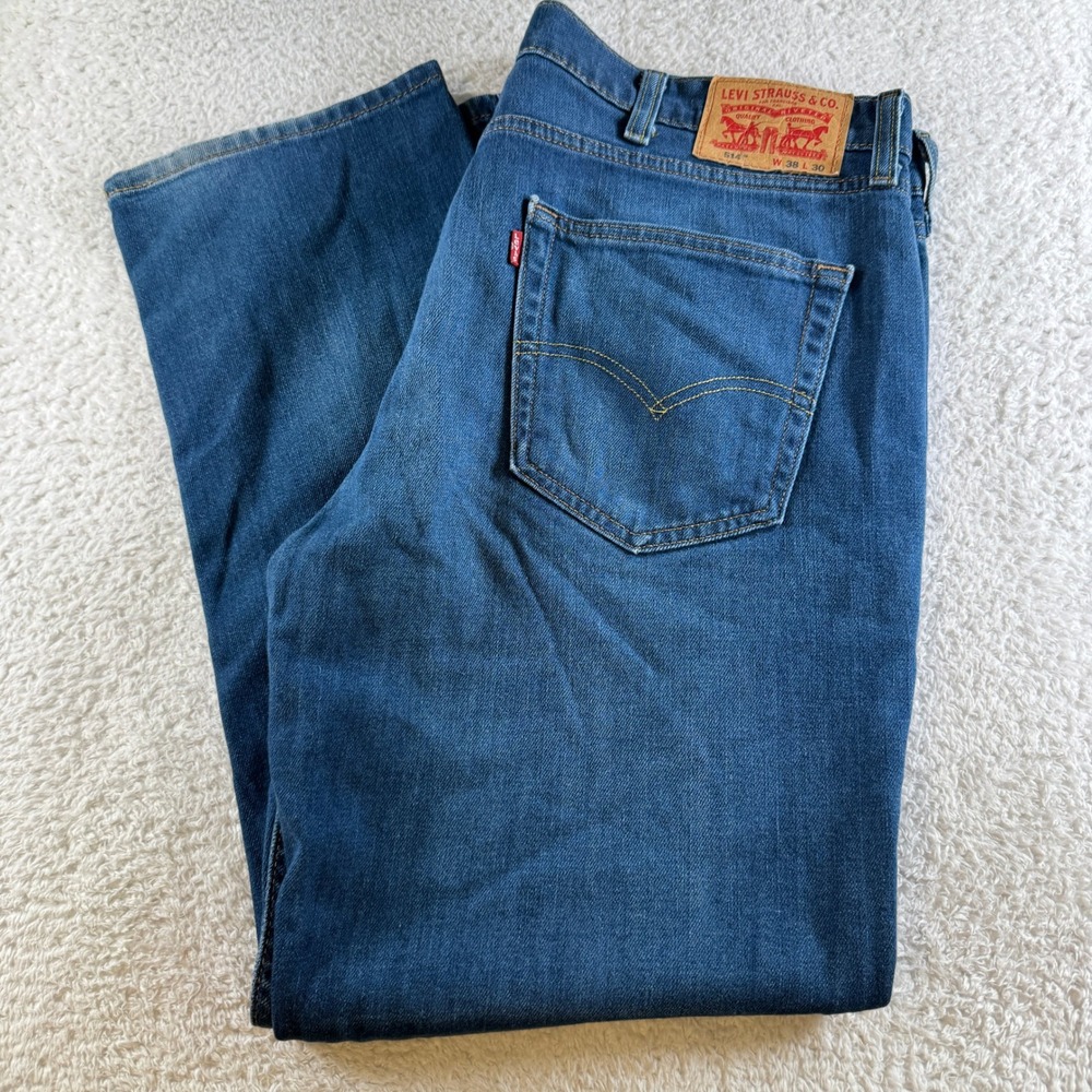Levi 514 Straight Jeans Mens 38x30 Blue Excellent Stretch Denim Pants Zip Pocket